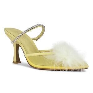 NEW RAYE Duke Heel Mesh Feather pompom Crystal Embellished Strap Pale Yellow 9.5